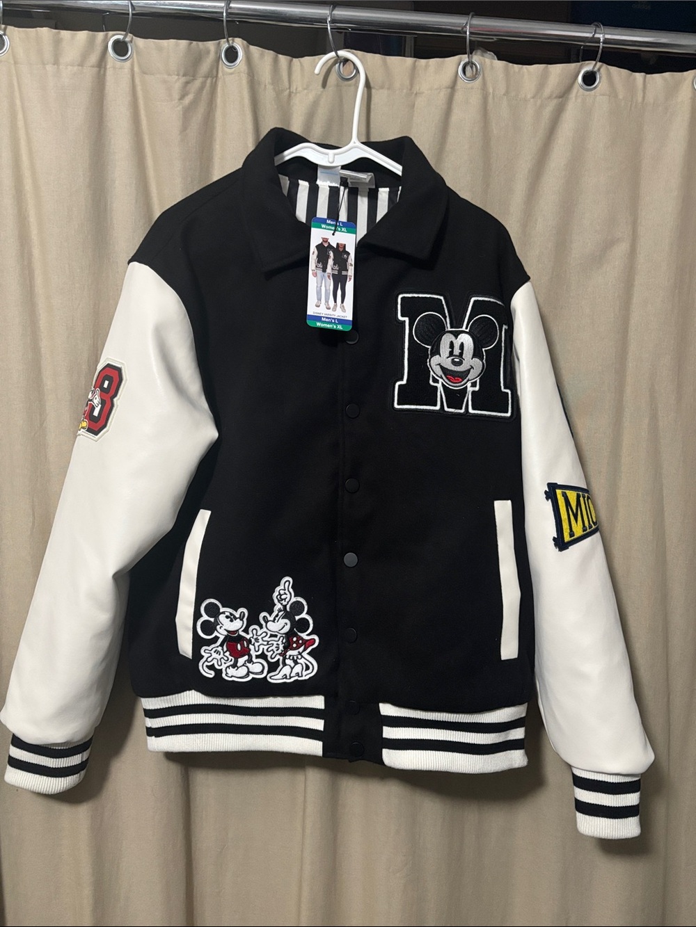 Adult Unisex Black & White Mickey Mouse Varsity Jacket. Men’s Large/Womans’s XL